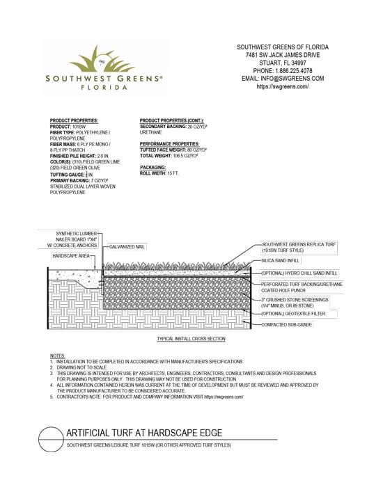 a detail sheet for artificial turf at hardscape edge