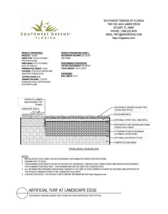 a detail sheet for artificial turf at landscape edge